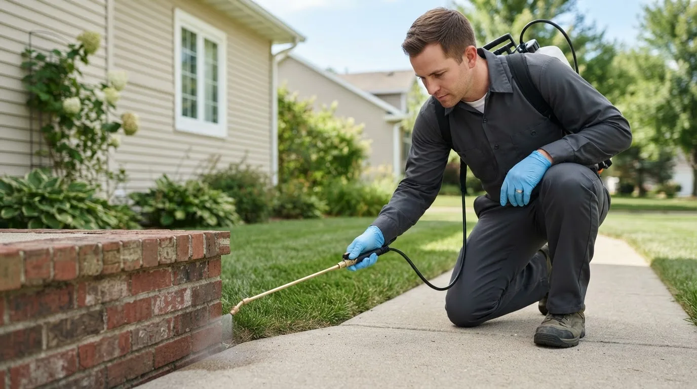 Pest control technician treating a home near Daggett, MI