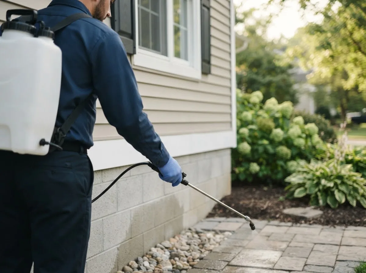 Pest control technician inspecting a home in Daggett, MI